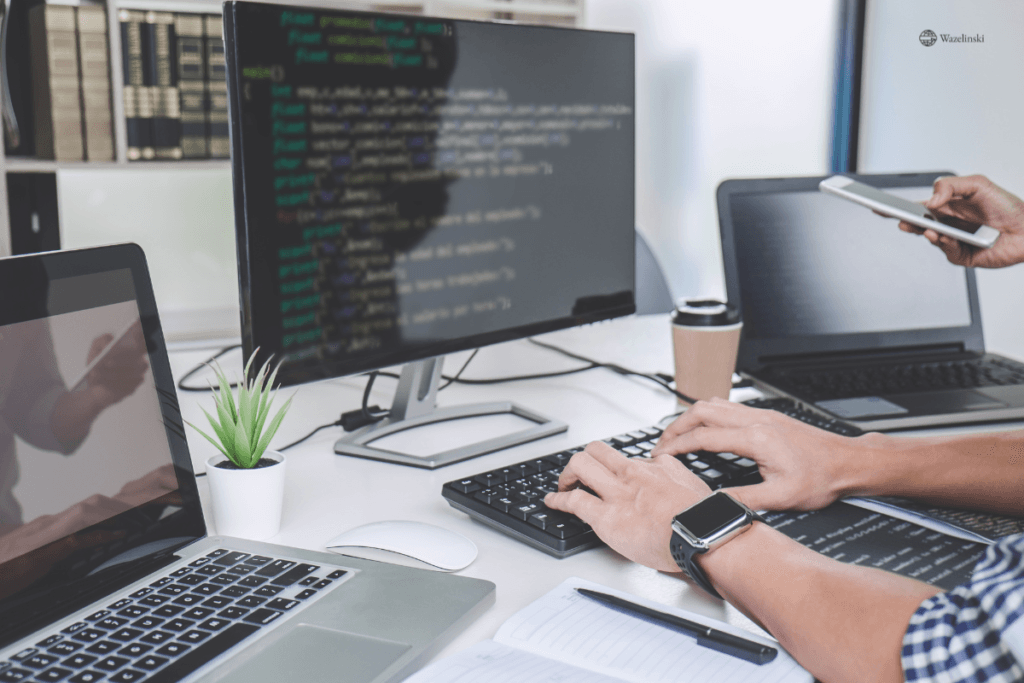 Nowoczesne stanowisko pracy programisty i projektanta stron internetowych wazelinski.nl z widokiem na kod źródłowy